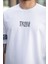 Beyaz Tribe Baskı Detaylı Sıfır Yaka Kısa Kollu Oversize Tişört- 2503 3