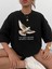 Unisex Bisiklet Yaka Baskılı Oversize T-Shirt - Siyah 2