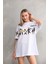 Unisex Bisiklet Yaka Baskılı Oversize T-Shirt - Beyaz 4