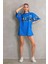 Unisex Bisiklet Yaka Baskılı Oversize T-Shirt - Mavi 2