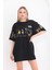 Unisex Bisiklet Yaka Baskılı Oversize T-Shirt - Siyah 4