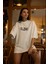Unisex Bisiklet Yaka Baskılı Oversize T-Shirt - Beyaz 2
