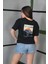 Unisex Bisiklet Yaka Baskılı Oversize T-Shirt - Siyah 3