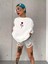 Unisex Bisiklet Yaka Baskılı Oversize T-Shirt - Beyaz 1