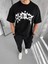 Unisex Bisiklet Yaka Baskılı Oversize T-Shirt - Siyah 2