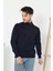 Unisex Yarım Boğazlı Baskılı Dokuma Triko - Lacivert 1