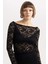 Slim Fit Dar Kesim Omuzu Açık Dantel Uzun Kollu Siyah Bluz B6647AX23WN 1