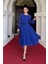 Sifon Kumaş Çiçek Detaylı Midi Elbise - Saks Mavi 2