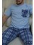 Açık Mavi Ekose Desenli Kısa Kol Erkek Pijama Takımı 1