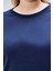 Büyük Beden Lacivert Boyfriend Bisiklet Yaka Yırtmaçlı Pamuk Örme T-Shirt 2