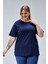 Büyük Beden Lacivert Boyfriend Bisiklet Yaka Yırtmaçlı Pamuk Örme T-Shirt 5