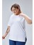 Curve Büyük Beden Beyaz Boyfriend Bisiklet Yaka Yırtmaçlı Pamuk Örme T-Shirt 1