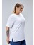 Curve Büyük Beden Beyaz Boyfriend Bisiklet Yaka Yırtmaçlı Pamuk Örme T-Shirt 2