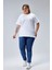 Curve Büyük Beden Beyaz Boyfriend Bisiklet Yaka Yırtmaçlı Pamuk Örme T-Shirt 4