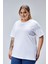 Curve Büyük Beden Beyaz Boyfriend Bisiklet Yaka Yırtmaçlı Pamuk Örme T-Shirt 5