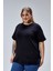 Curve Büyük Beden Siyah Boyfriend Bisiklet Yaka Yırtmaçlı Pamuk Örme T-Shirt 1