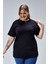 Curve Büyük Beden Siyah Boyfriend Bisiklet Yaka Yırtmaçlı Pamuk Örme T-Shirt 2