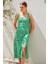 2282 Yırtmaçlı Askılı Viskon Elbise - Yeşil 7