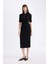 Bodycon Vücuda Oturan Basic Düz Düğmeli Polo Yaka Fitilli Kaşkorse Yarım Kollu Midi Siyah Elbise C2882AX24AU 2