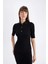 Bodycon Vücuda Oturan Basic Düz Düğmeli Polo Yaka Fitilli Kaşkorse Yarım Kollu Midi Siyah Elbise C2882AX24AU 4