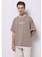 Oversize Fit Yuvarlak Yaka Düz Erkek Bej Kısa Kol Tişört 1