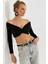 Kadın Siyah Önü Düğümlü Kadife Crop Bluz B2853 2