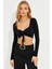 Kadın Siyah Önü Büzgülü Crop Bluz B3015 4