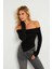 Kadın Siyah Madonna Yaka Crop Yılbaşı Bluz B5038 5