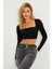 Kadın Siyah Kare Yaka Büzgülü Crop Bluz B5057 4