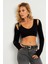 Kadın Siyah Omuzları Pencereli Kaşkorse Crop Bluz B5024 4