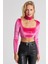 Kadın Fuşya Kare Yaka Boyunluklu Kadife Crop Bluz B2867 3