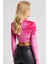 Kadın Fuşya Kare Yaka Boyunluklu Kadife Crop Bluz B2867 5