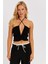 Kadın Siyah Drapeli Crop Bluz KED154 2