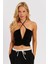 Kadın Siyah Drapeli Crop Bluz KED154 4