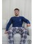 Mavi Ekose Desenli Düğmeli Uzun Kol Erkek Pijama Takımı 1