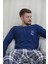 Mavi Ekose Desenli Düğmeli Uzun Kol Erkek Pijama Takımı 3
