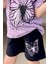 Kız Çocuk Kara Kalem Kelebek Baskılı Penye Lila T-Shirt Şortlu Takım 3