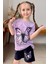 Kız Çocuk Kara Kalem Kelebek Baskılı Penye Lila T-Shirt Şortlu Takım 1