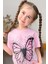 Kız Çocuk Kara Kalem Kelebek Baskılı Penye Pembe T-Shirt Şortlu Takım 2