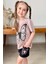 Kız Çocuk Kara Kalem Kelebek Baskılı Penye Pudra T-Shirt Şortlu Takım 1
