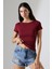 Ribana Kumaş Kayık Yaka Kısa Kol Basic Kadın T-Shirt 21996 Bordo 1