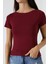 Ribana Kumaş Kayık Yaka Kısa Kol Basic Kadın T-Shirt 21996 Bordo 2