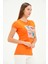 Bisiklet Yaka Kısa Kollu Normal Size Baskılı Basic Kadın T-Shirt 20601 Oranj 3