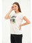 Bisiklet Yaka Kısa Kollu Normal Size Baskılı Basic Kadın T-Shirt 20601 Ekru 4