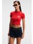 Mıreza Kadın Baskı Detaylı Slim Fit Kısa Kollu Yuvarlak Yaka Kırmızı T-Shirt 4
