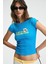 ZEPHY Kadın Kayık Yaka Kısa Kollu Önü Baskı Detaylı Slim Mavi T-Shirt 1