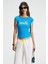 ZEPHY Kadın Kayık Yaka Kısa Kollu Önü Baskı Detaylı Slim Mavi T-Shirt 2