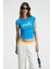 ZEPHY Kadın Kayık Yaka Kısa Kollu Önü Baskı Detaylı Slim Mavi T-Shirt 3