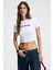 MISTERNA Bisiklet Yaka Kısa Kollu Önü Baskılı Crop Beyaz T-Shirt 2