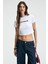 MISTERNA Bisiklet Yaka Kısa Kollu Önü Baskılı Crop Beyaz T-Shirt 3